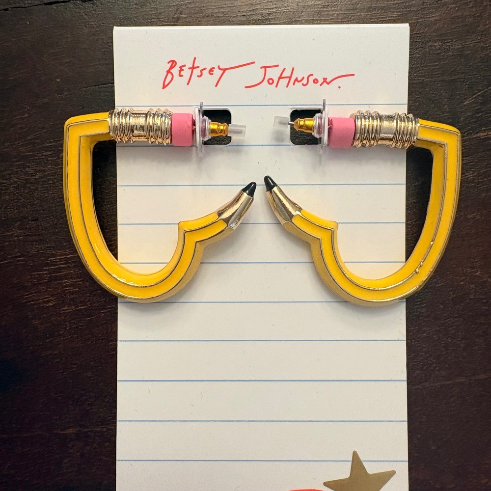 Betsey Johnson Pink Heart Pencil Hoop Earrings Back to School Teacher Gift NIB - Picture 4 of 6